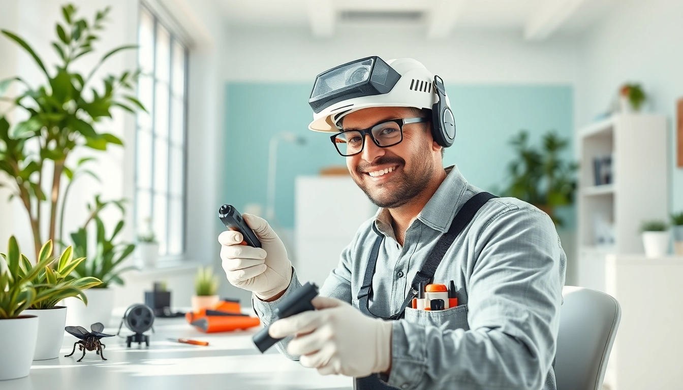 Affordable bug exterminator inspecting a clean workspace for pests in a professional setting.