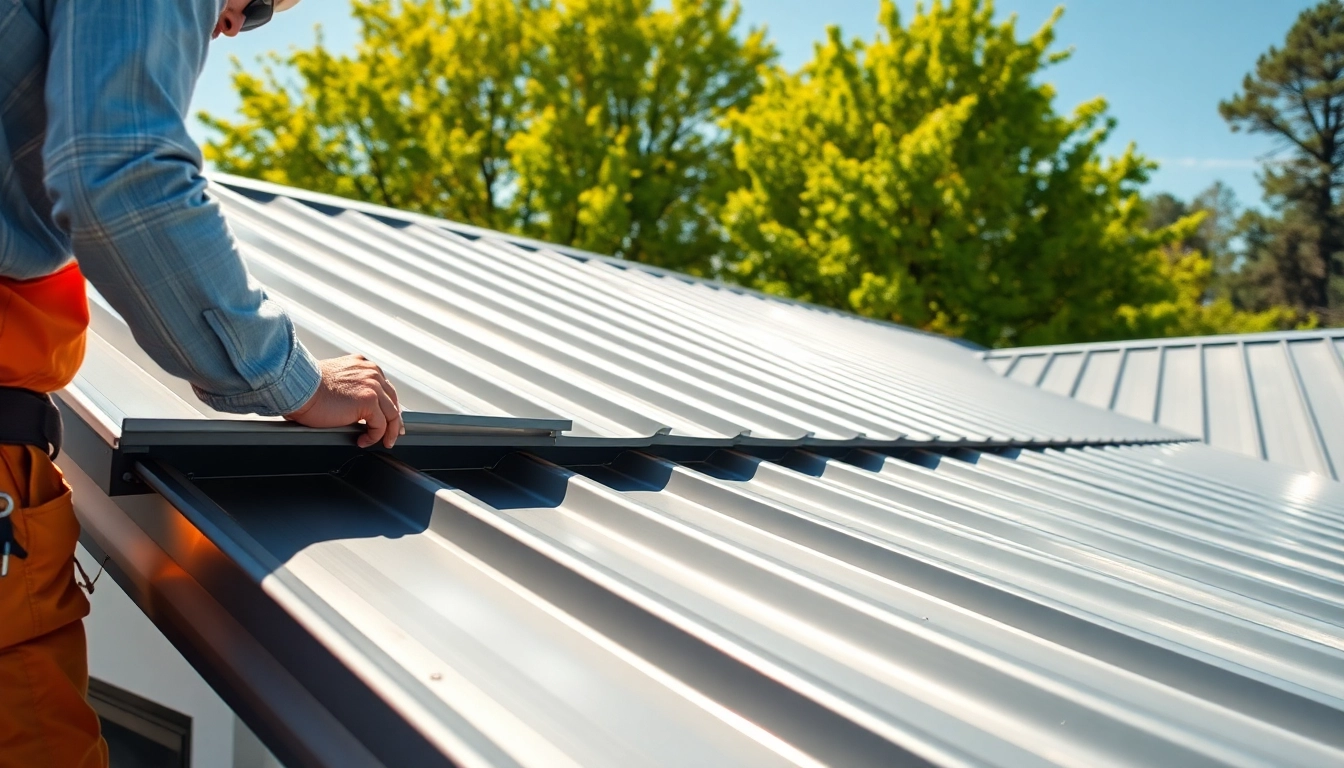 Expertly installing metal roofing on a modern home with bright sunlight illuminating the scene.