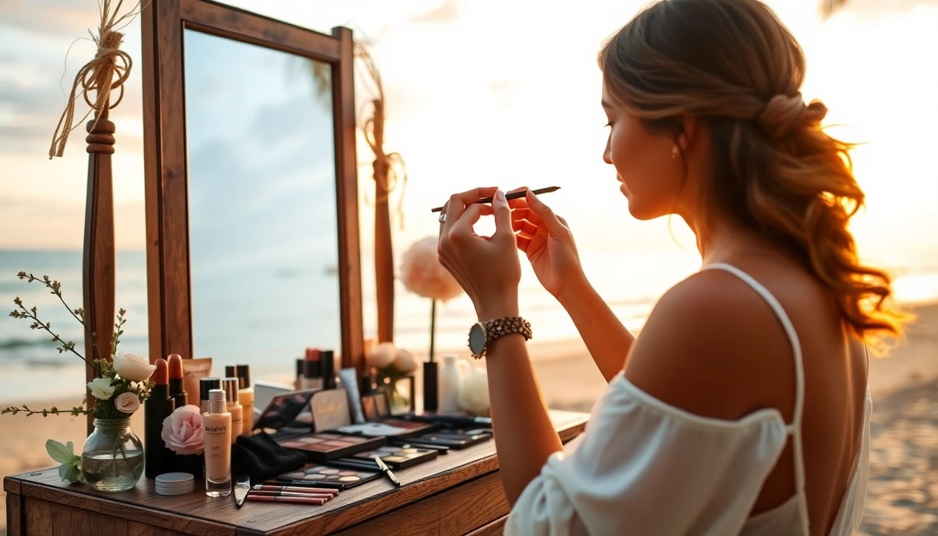 Destination wedding makeup artist beautifying a bride at a scenic location during sunset.