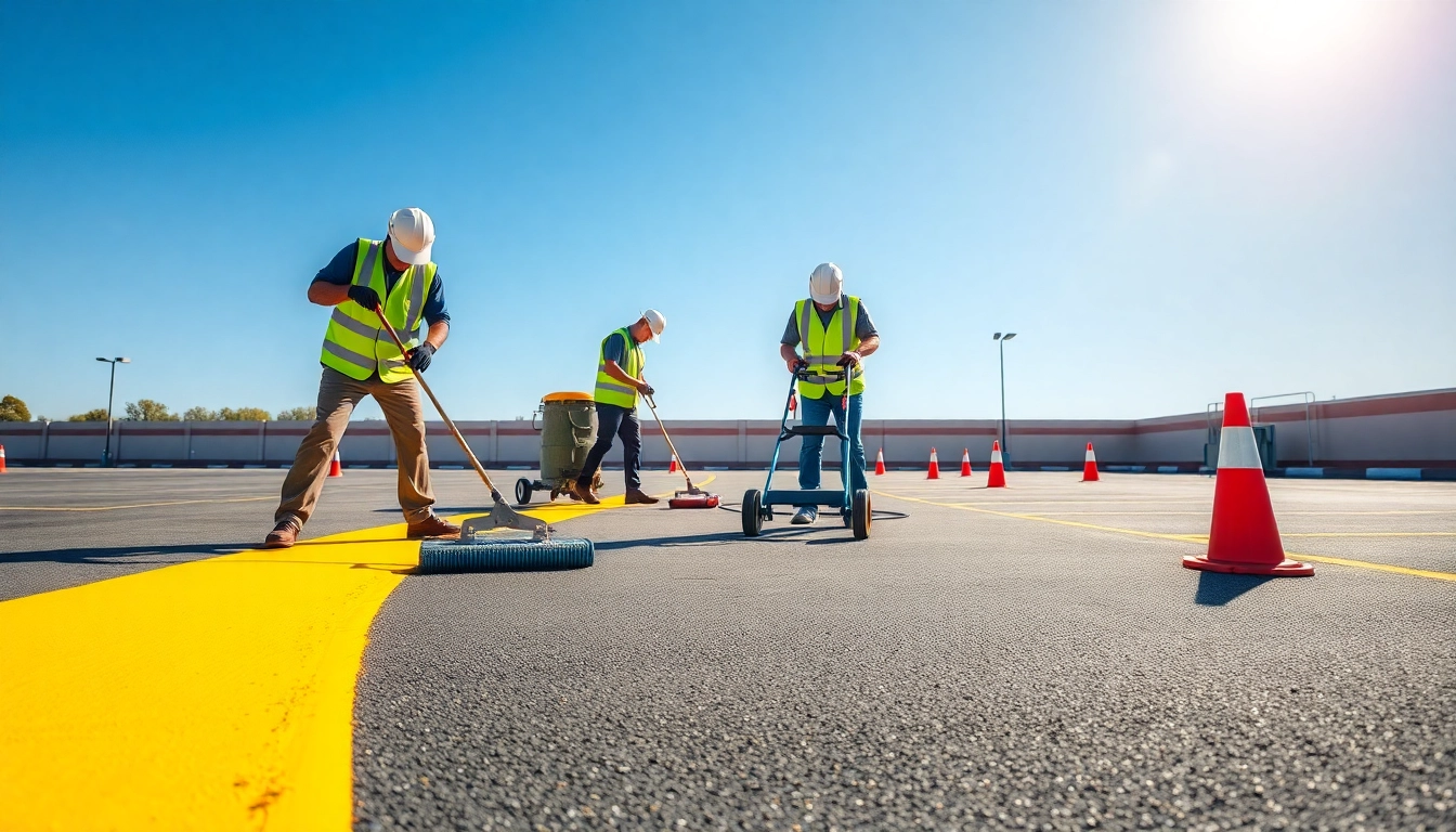 Parking lot striping contractor Jackson MS team working on stripes, showcasing quality service.