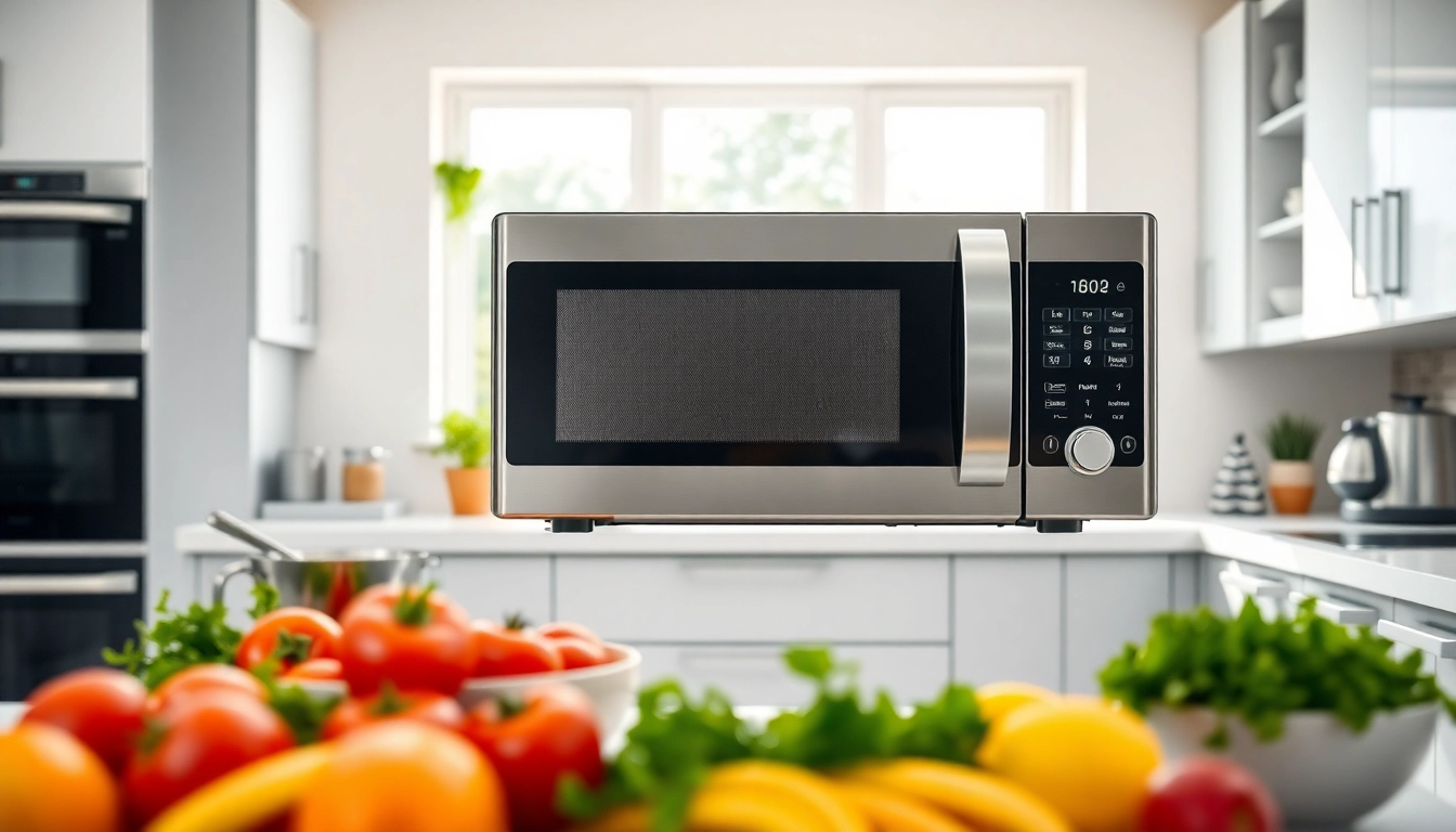 Showcasing microwave oven sales through a sleek kitchen setting with vibrant ingredients.