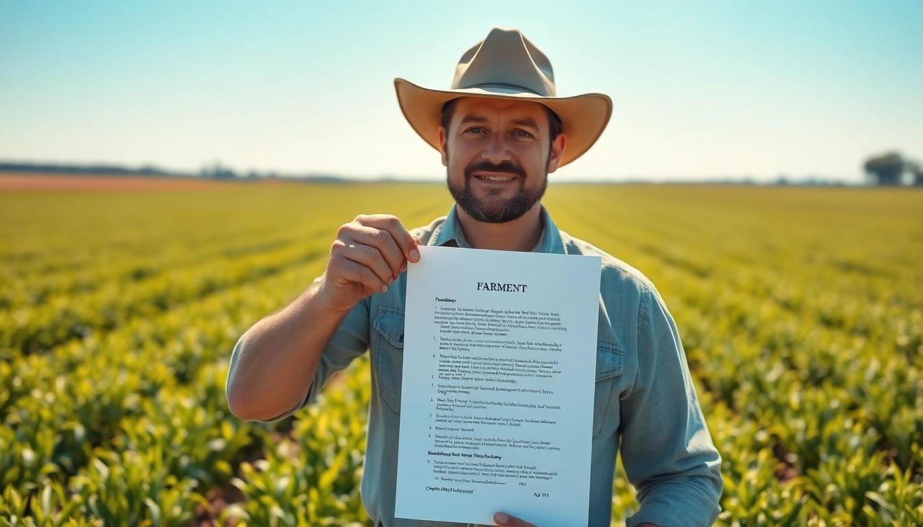 Farmer reviewing a document on agricultural law amidst healthy crops in a sunlit field.
