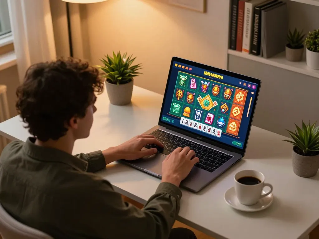 Player enjoying Mahjong Ways slot game interface on a laptop during a relaxed gaming session