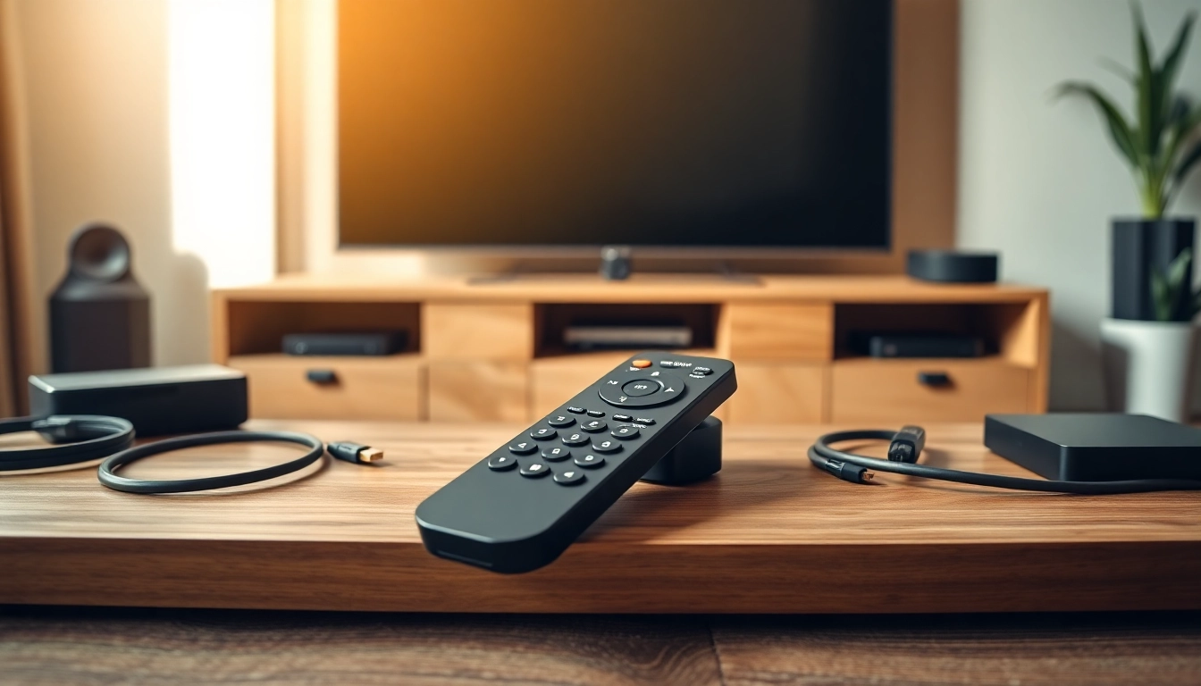 Samsung One Remote universal original liegt auf einem modernen Entertainment-Center, umgeben von TV-Zubehör.