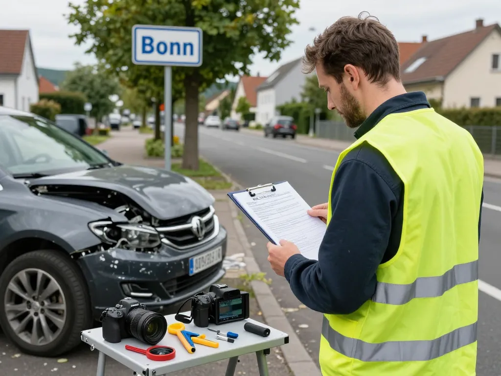 KFZ Gutachter Bonn bewertet Fahrzeugschäden am Straßenrand mit Werkzeugen und Notizblock