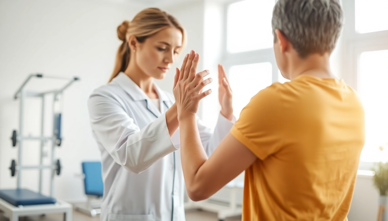 Physiotherapy near me session illustrating a therapist assisting a patient with rehabilitation.