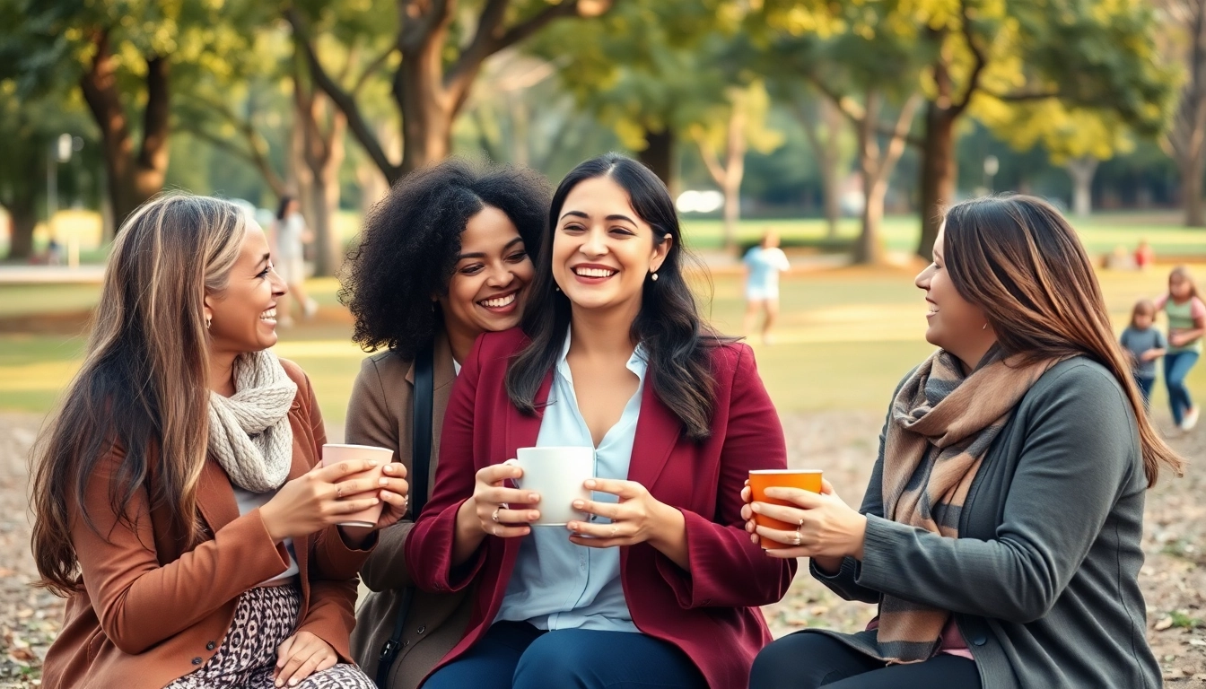Encouraging emotional support for moms in a vibrant community setting with friendly faces.
