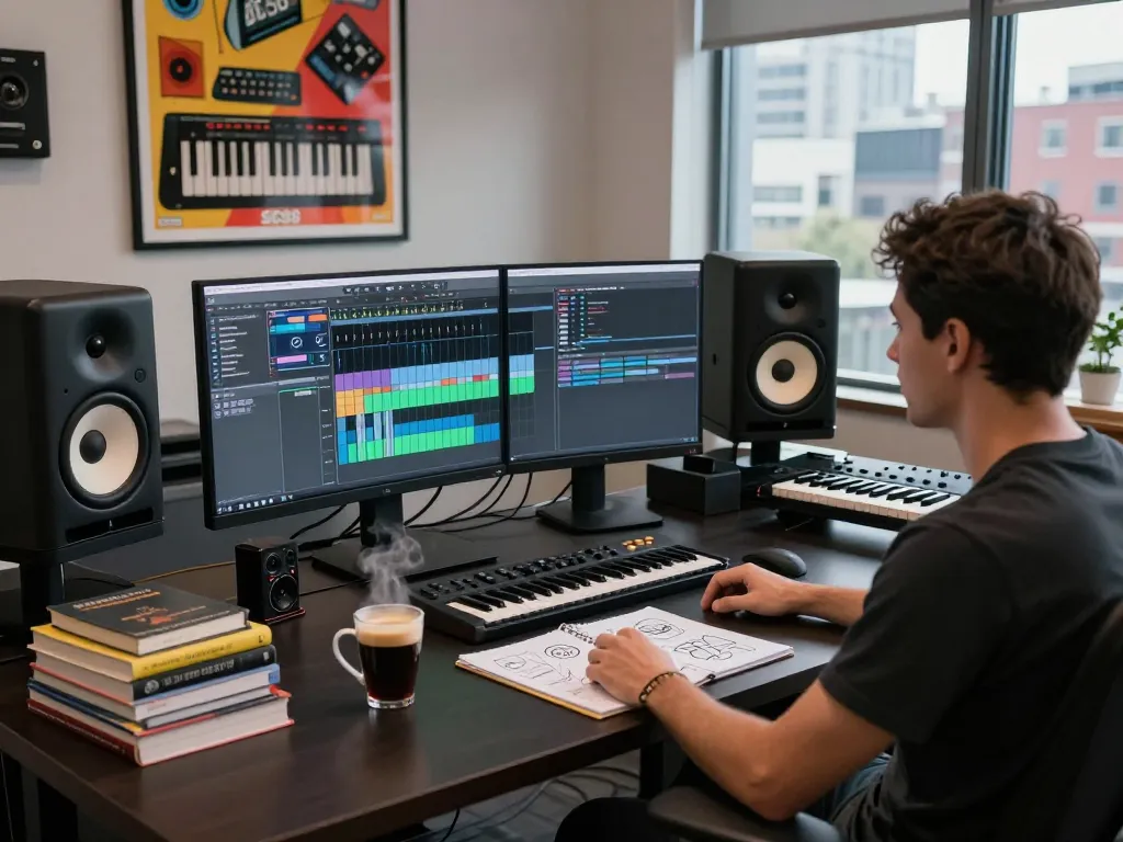Sound engineer programming music software featuring SC88 in a modern workspace, showcasing creativity and technology.