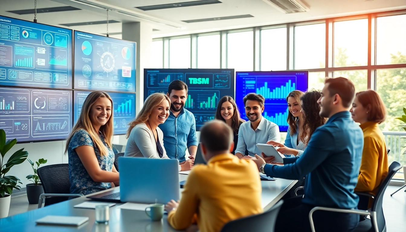 People collaborating on innovative ai tools in a modern workspace with vibrant visuals.