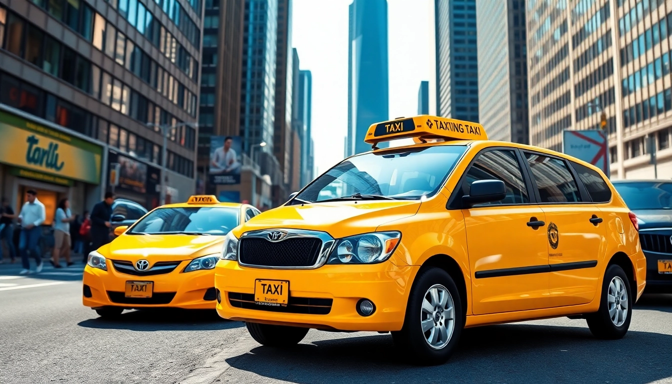 Engaging scene of LONG DISTANCE TAXI TRANSFERS with a yellow taxi navigating a busy city street.