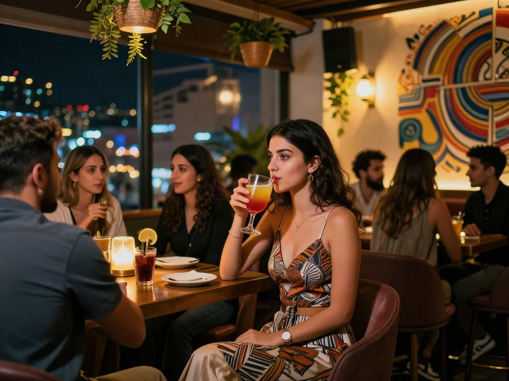 Diyarbakır escort akşam eğlencesinde şık bir kadın, arkadaşlarıyla birlikte lounge barda oturuyor.