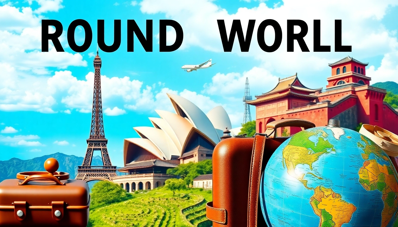Visual representation of round the world holidays showcasing famous landmarks and travel accessories.