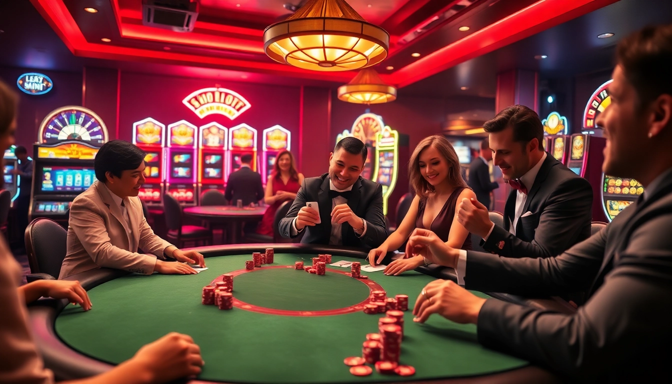 Players celebrating a jackpot win at a luxurious casino, capturing the excitement of gojekpot gaming.