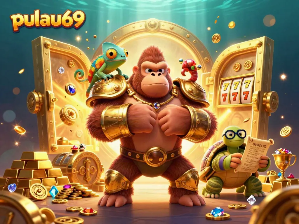 Engage with pulau69's vibrant casino experience featuring gold treasures and animated characters.