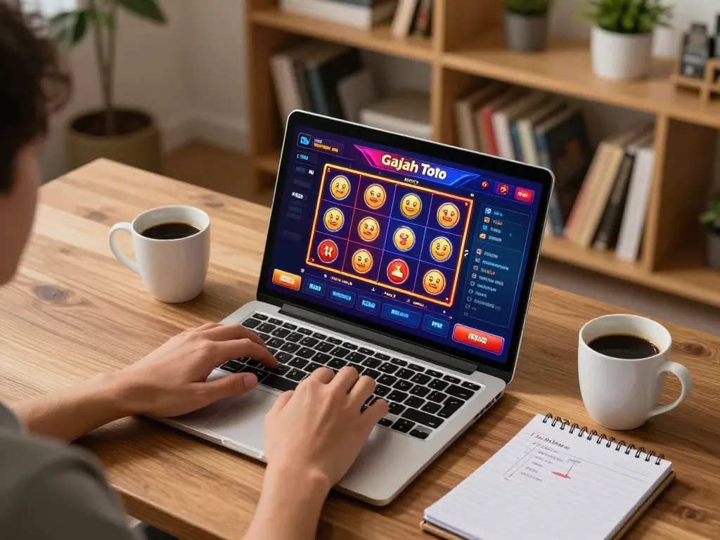 Engaging in Gajah Toto online gaming with slots displayed on laptop screen.