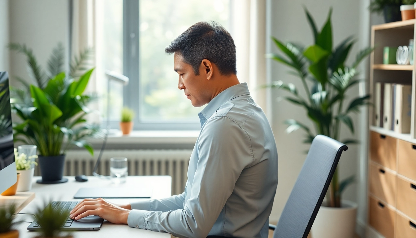 Enhance posture support with a person demonstrating ideal sitting alignment at a desk.