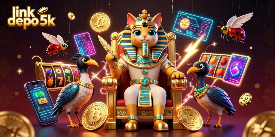 Spin to win at link depo 5k: vibrant casino scene with pharaoh cat, crypto elements, and slot machines