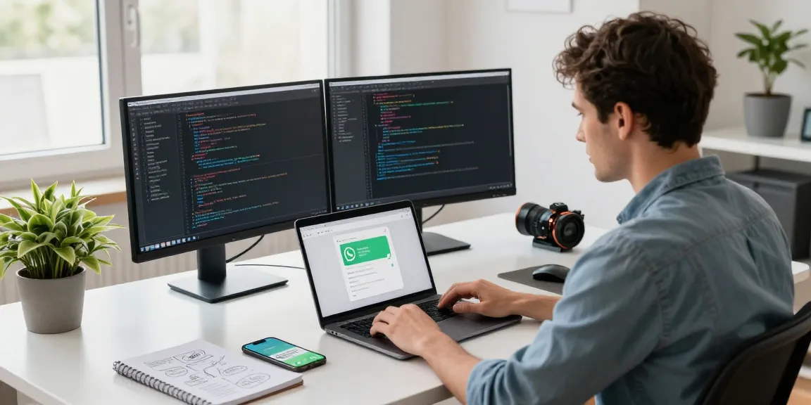 WhatsApp下載 on a developer's laptop in a modern tech workspace featuring coding monitors and creative decor.