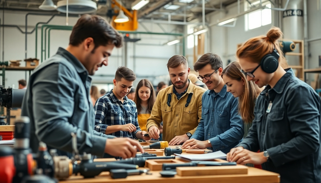 Students learning at trade schools in southern California in a collaborative workshop environment.
