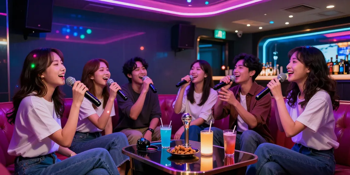 강남가라오케에서 친구들과 함께 즐거운 시간을 보내는 모습, 화려한 조명과 고급 소파가 있는 분위기