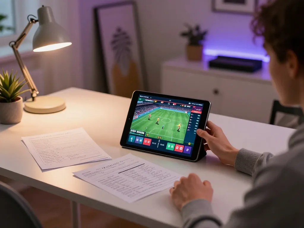 Engaged in sports betting at home through Nhà cái Bet88, balancing strategy notes and tablet interface.