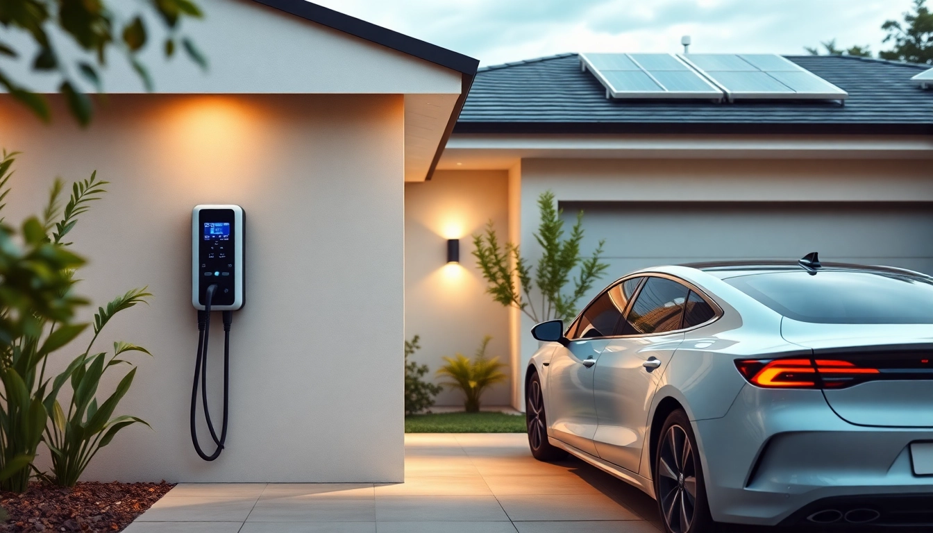 Home EV charger installed on a garage wall, showcasing modern design and eco-friendliness.