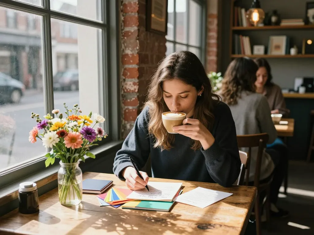 Young woman enjoying a latte while writing a letter about her crush on someone in a cozy café.