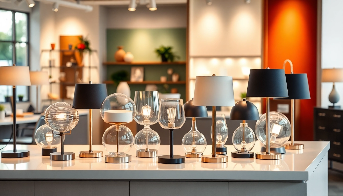 Shop ELC Lamps Online featuring stylish lighting designs in a modern showroom setting.