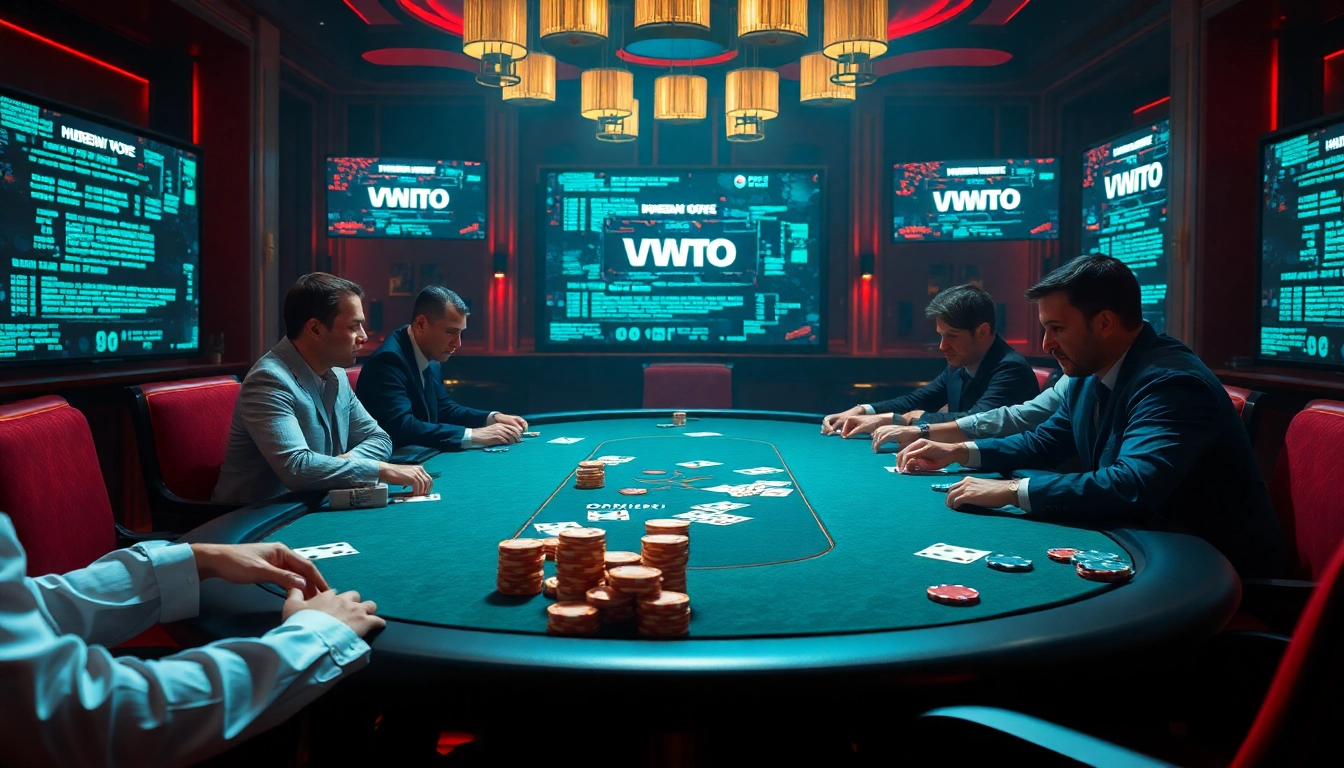 Players strategizing at a high-stakes poker table, exploring hidden wiki dark web elements in the background.