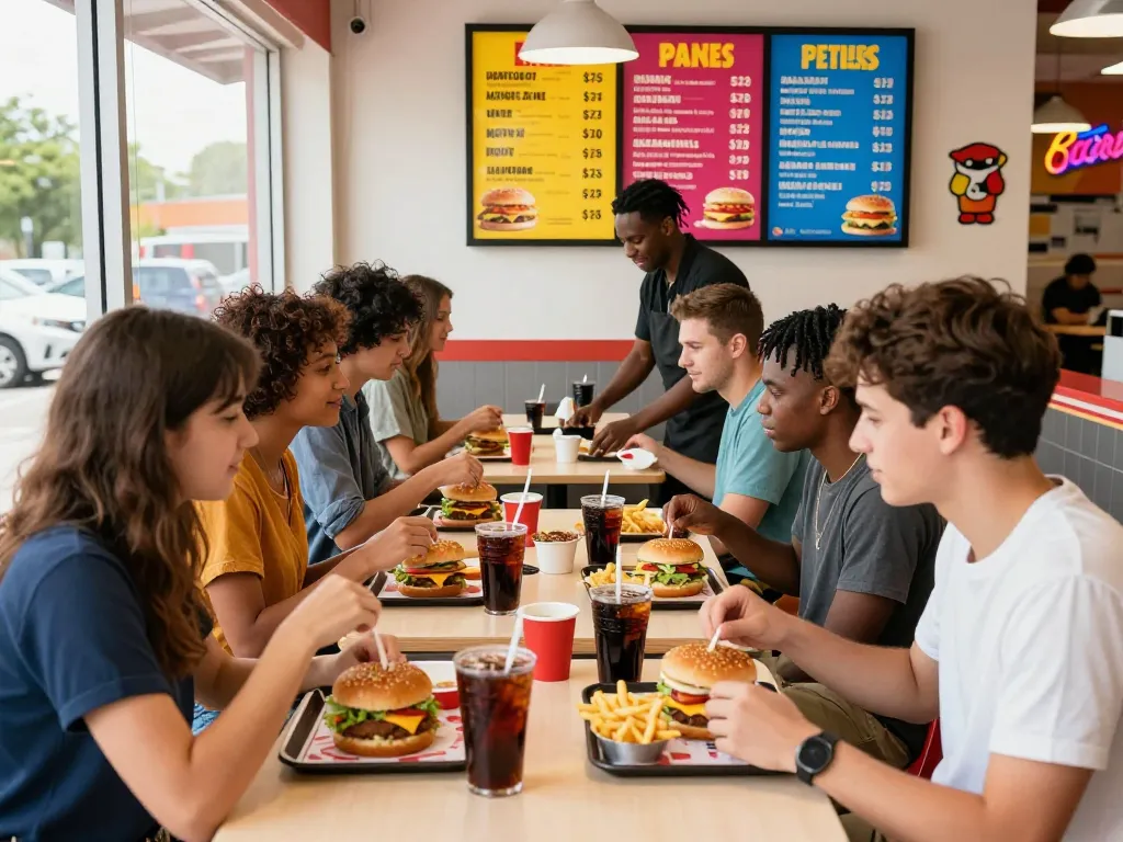 Diverse group enjoying fast food meals with visible fast food prices on menu board in vibrant restaurant atmosphere.