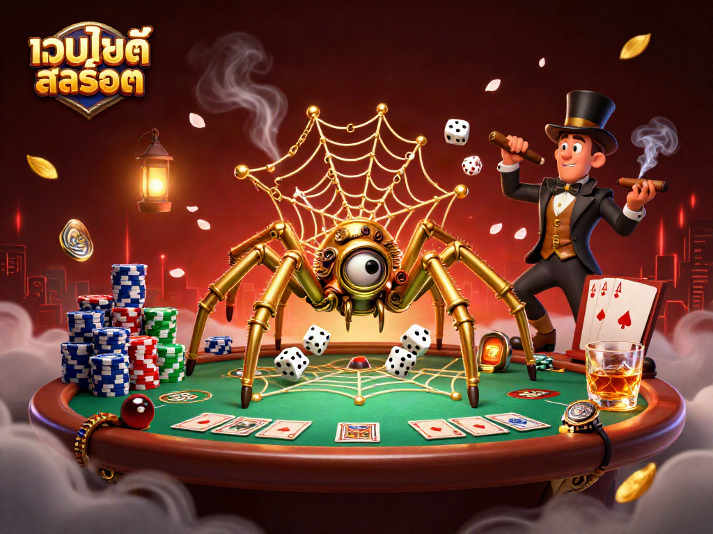Engage with เว็บไซต์สล็อต in a vibrant 3D illustration featuring dynamic casino elements and characters.