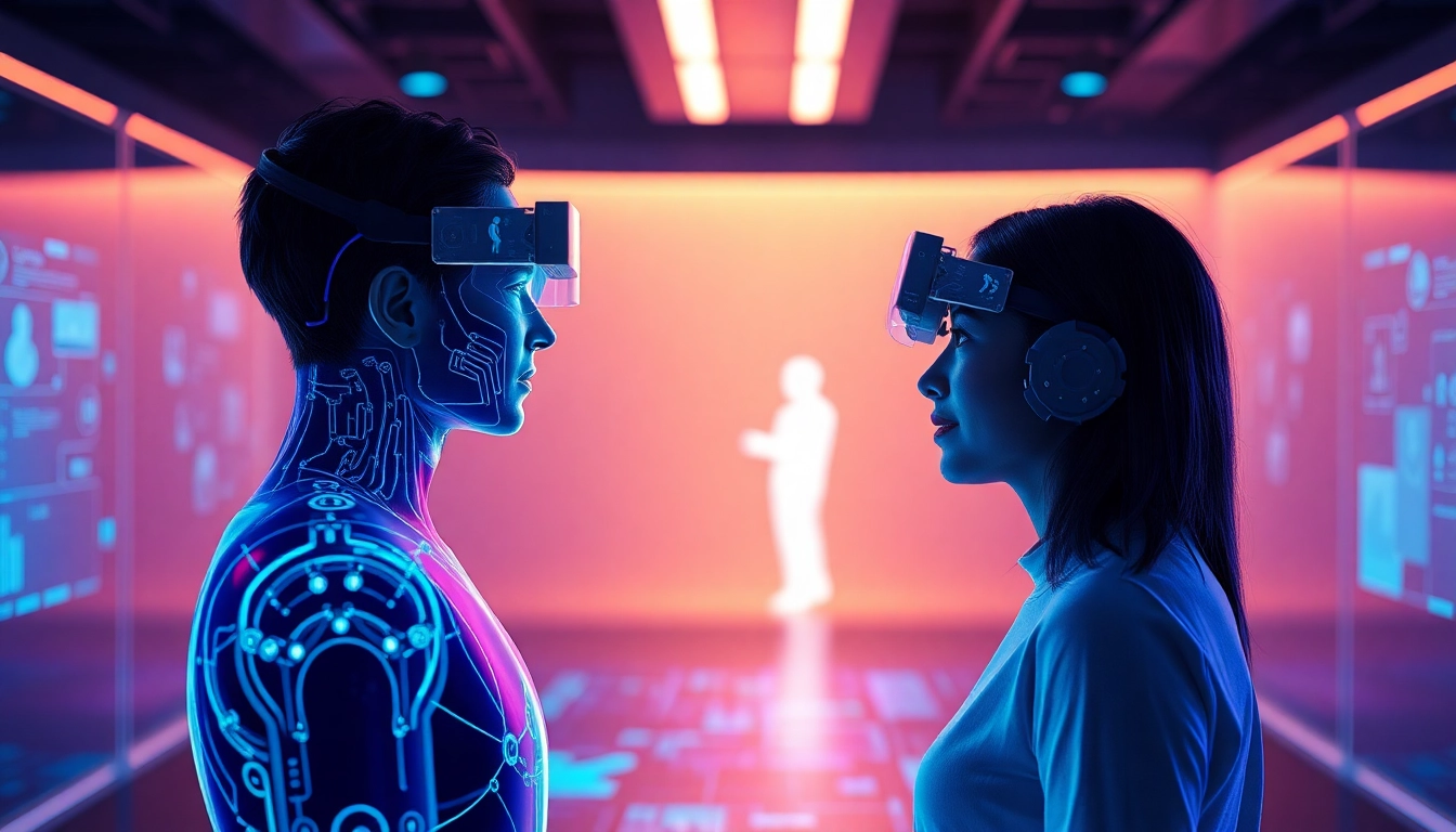 AI sex interface illustrating an intimate dialogue between a user and a holographic figure in a futuristic setting.