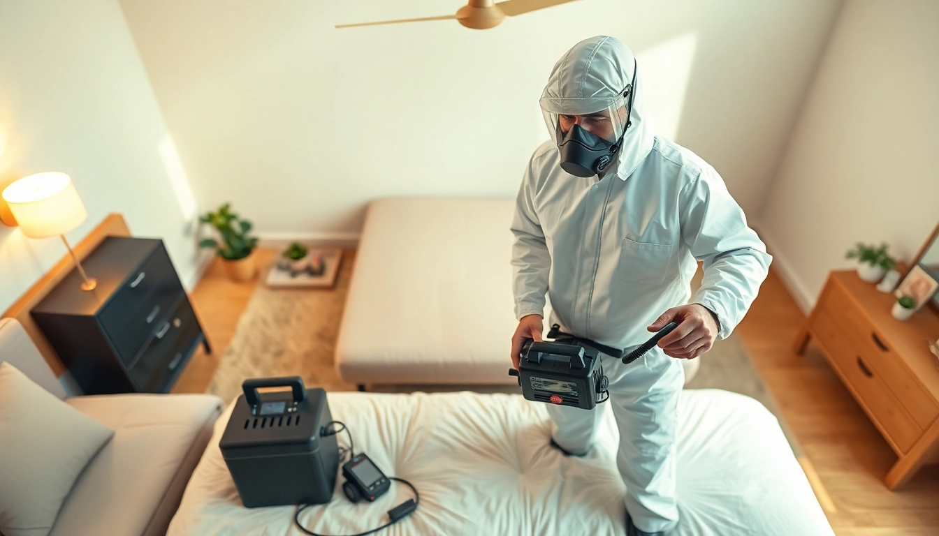 bed bug exterminator applying heat treatment in a modern bedroom for effective pest control