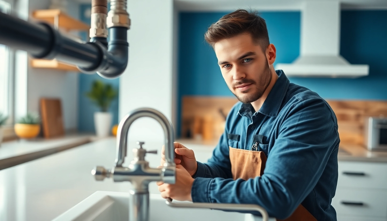 Find a reliable plumber near me fixing a kitchen sink with professional tools.