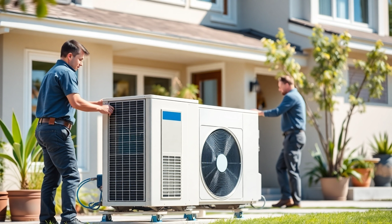 Heat pump installation by technicians in a modern home, showcasing expert service.
