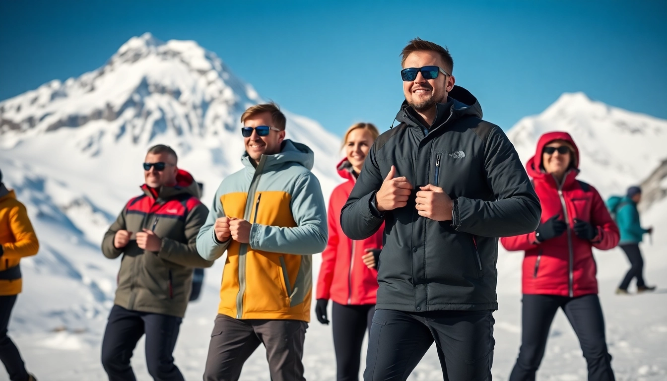Showcasing best backcountry jackets for men and women in a snowy mountain setting with outdoor enthusiasts.