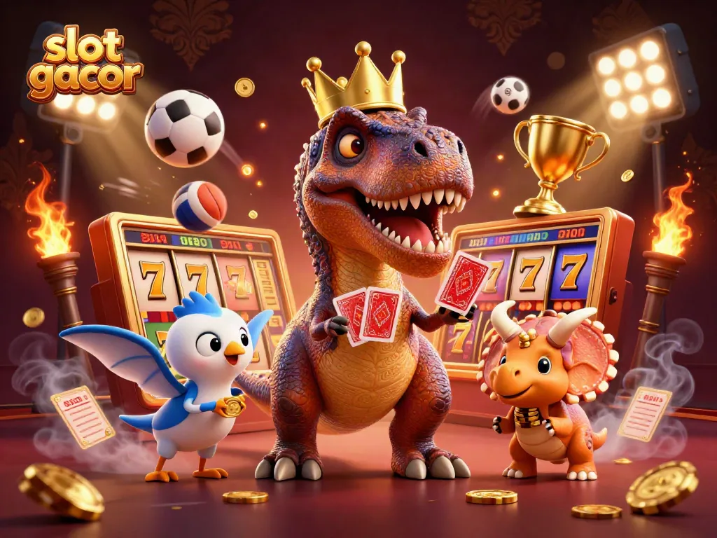 Menangkan jackpot di slot gacor dengan kartu dan chip emas yang dikelola oleh dinosaurus lucu.
