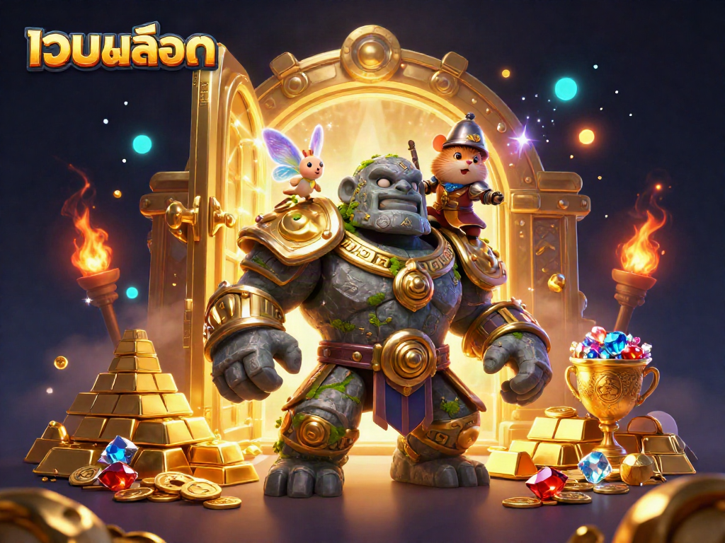 Engage with เว็บสล็อต in an enchanting 3D casino adventure featuring a magical golem guardian and treasure.
