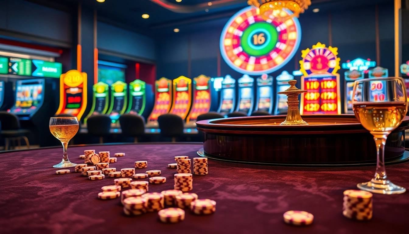 Experience the excitement of gambling with QQ88 COM at an upscale casino scene featuring vibrant slot machines.