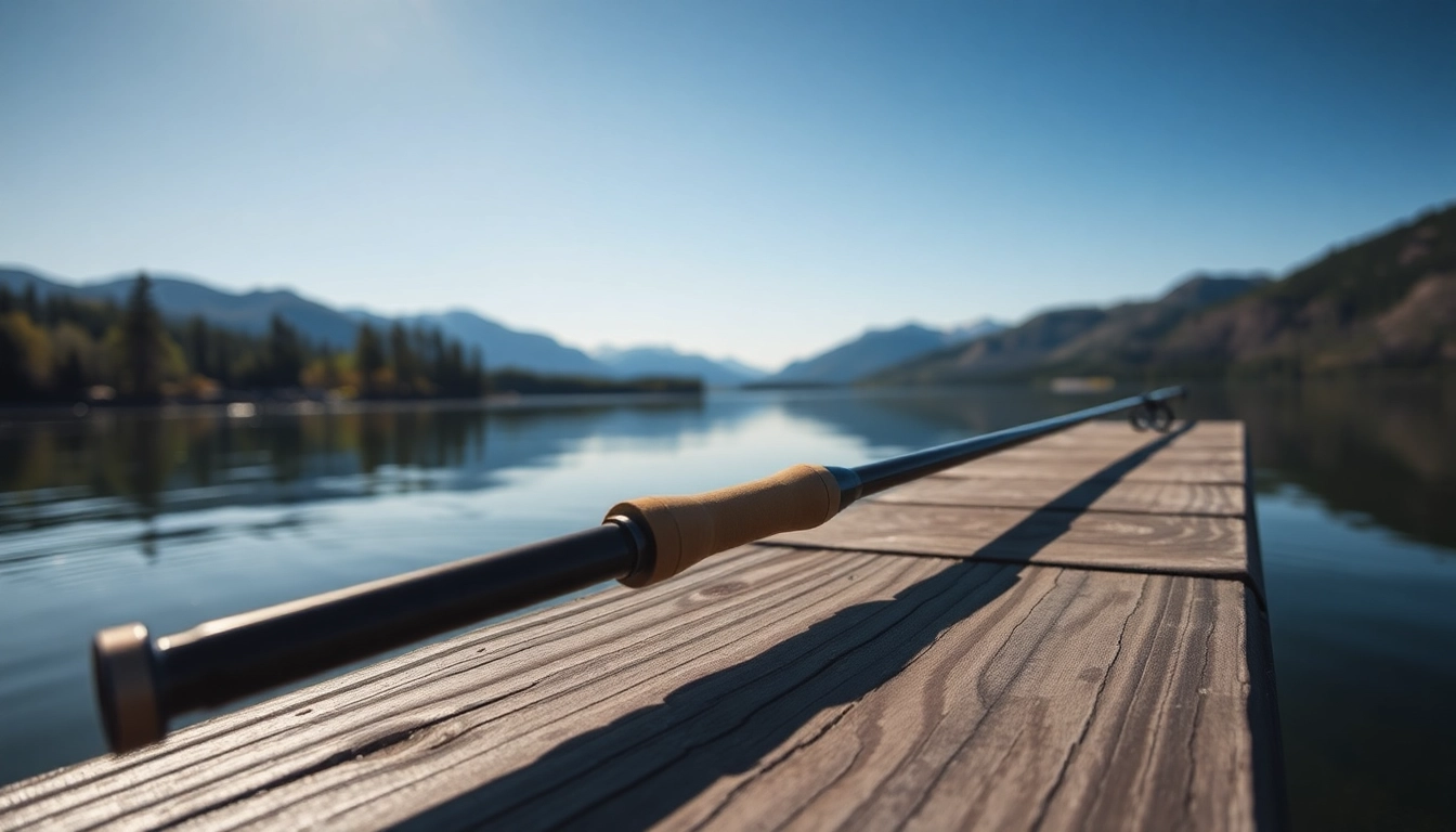 Explore the best fly fishing rods on display near a tranquil lake, perfect for fishing enthusiasts.