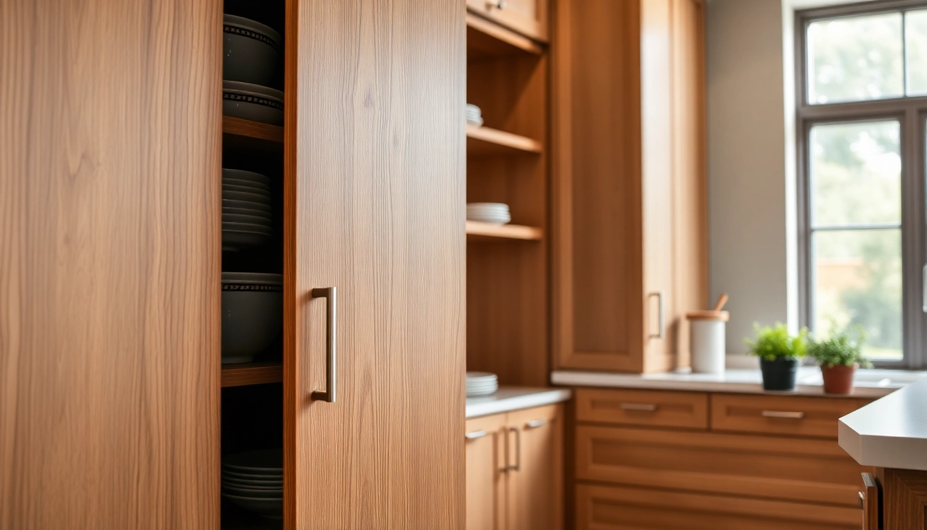 Elegant custom cabinet showcasing intricate finishes in a modern kitchen setting.