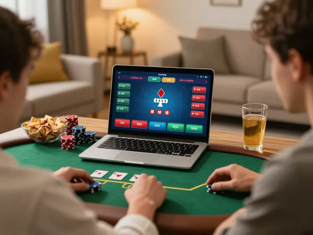 Tại 56win, a player enjoying a poker game from home on a laptop, showcasing an engaging environment.