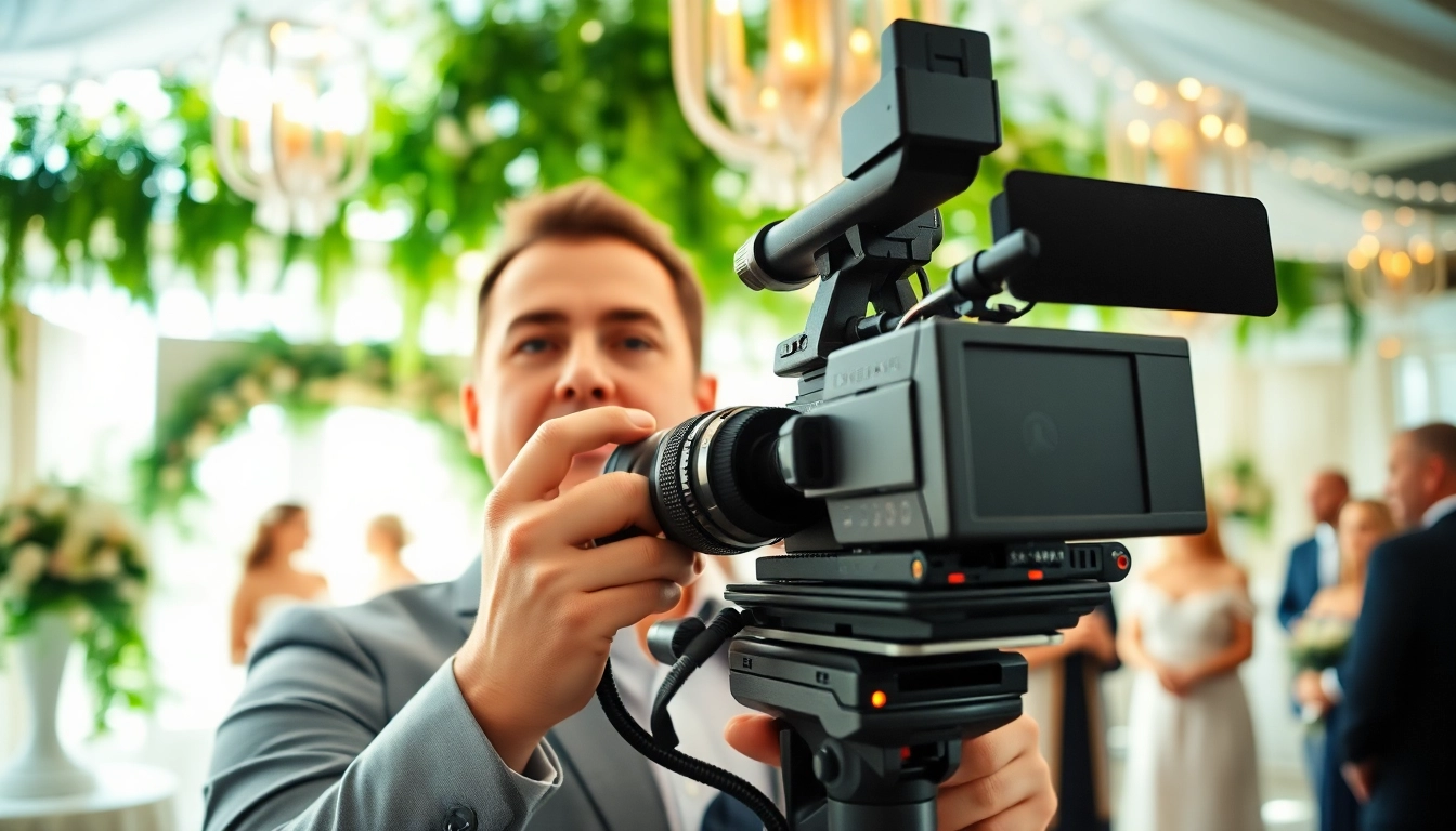 Videographer skillfully capturing wedding moments with a professional camera amidst a festive atmosphere.