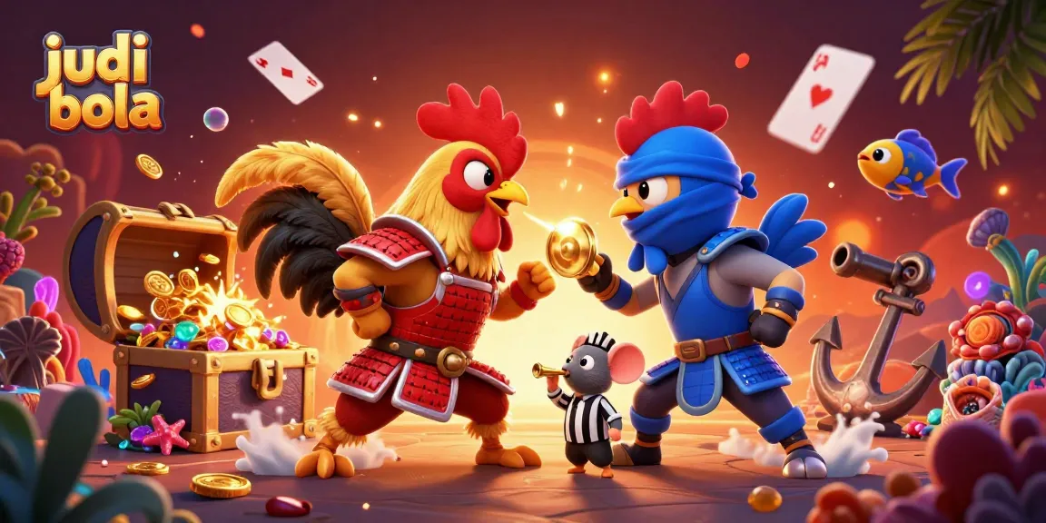 Engage in judi bola excitement with vibrant cartoon roosters battling in a dynamic casino scene.