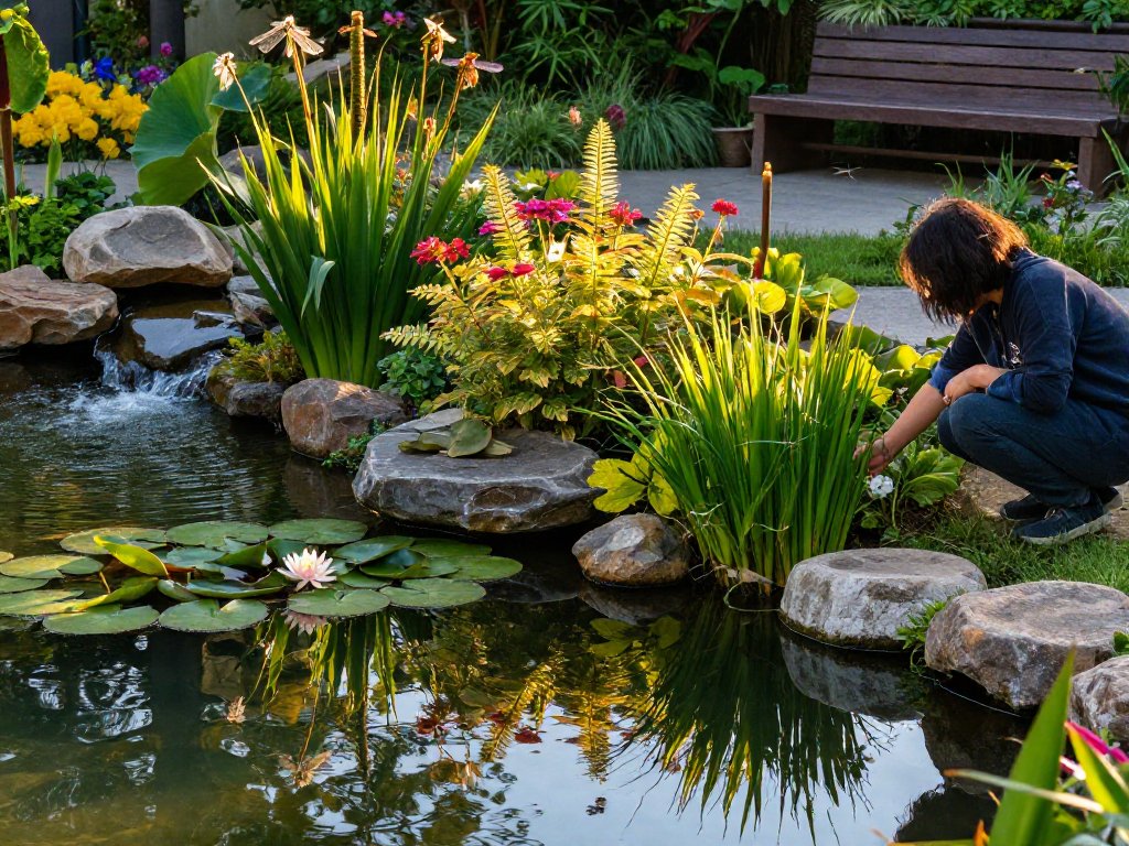 Pond Plants including water lilies and cattails being tended to by a gardener in a serene pond setting, illuminated by warm golden hour light.