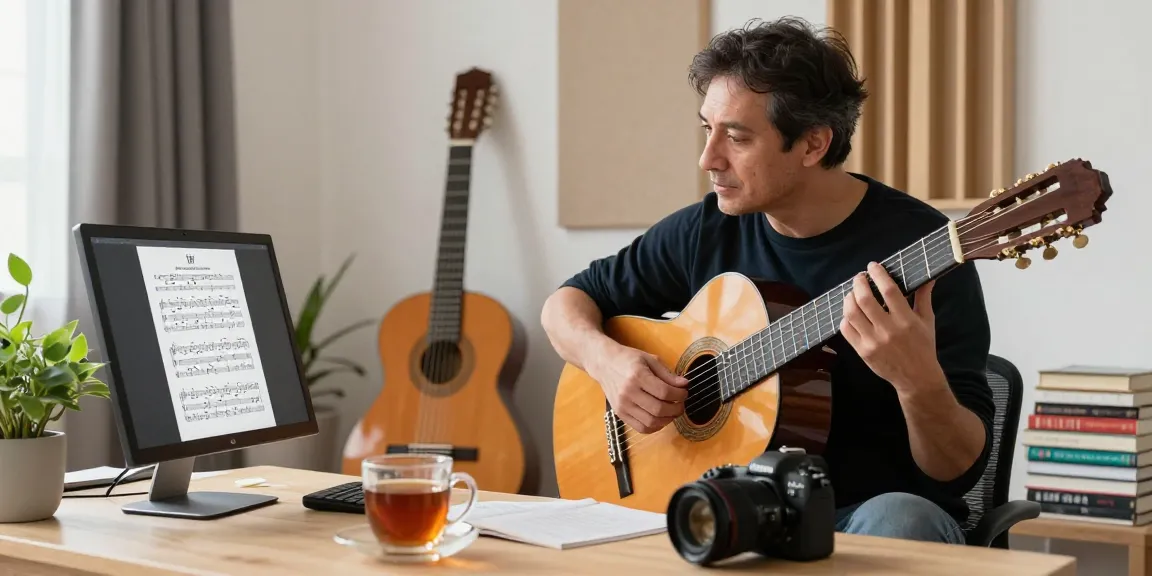 Engaging online classical guitar teacher online session with certified instructor guiding students through techniques.