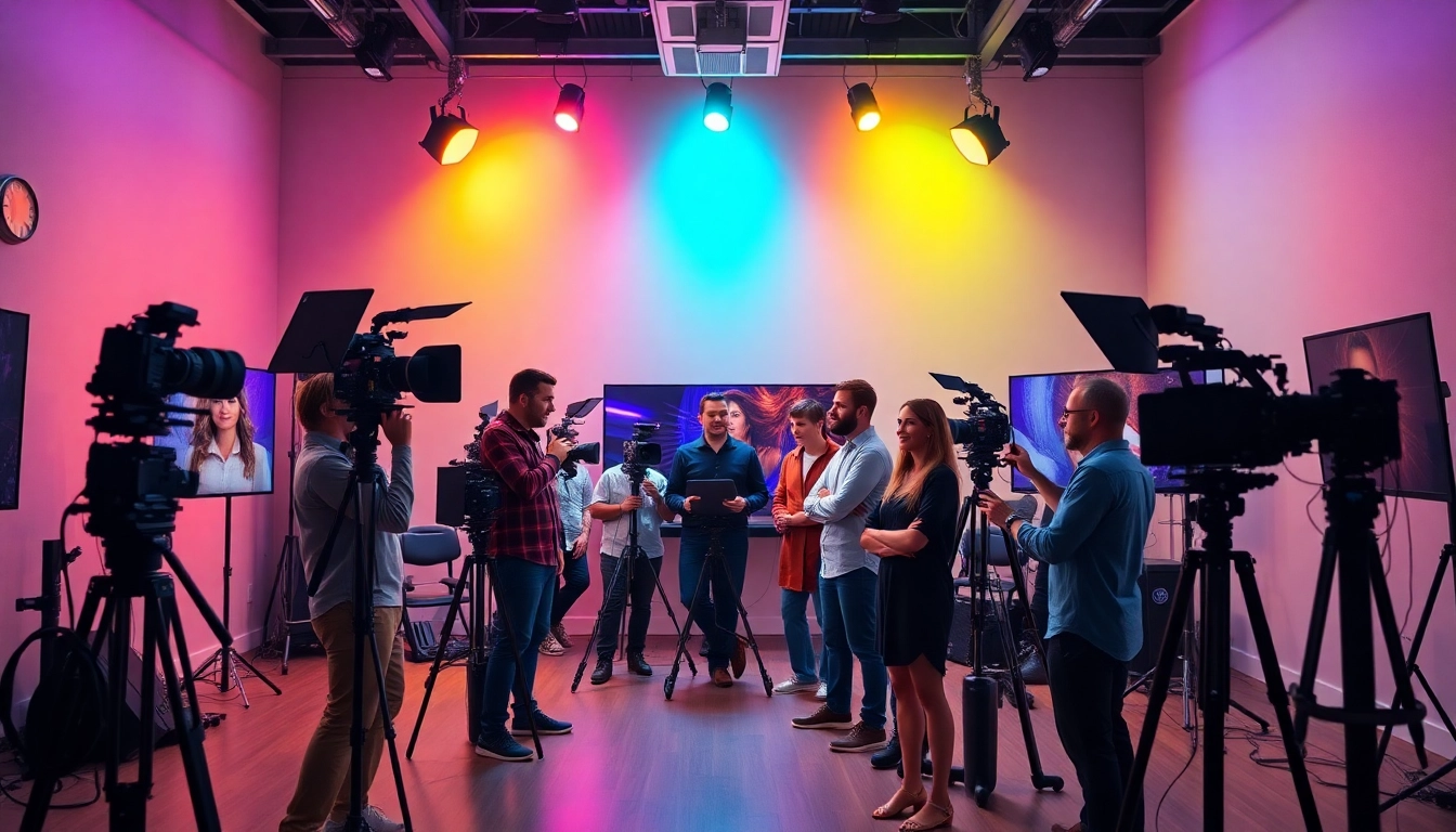 Engaging corporate video production Phoenix team collaborating in a vibrant studio.