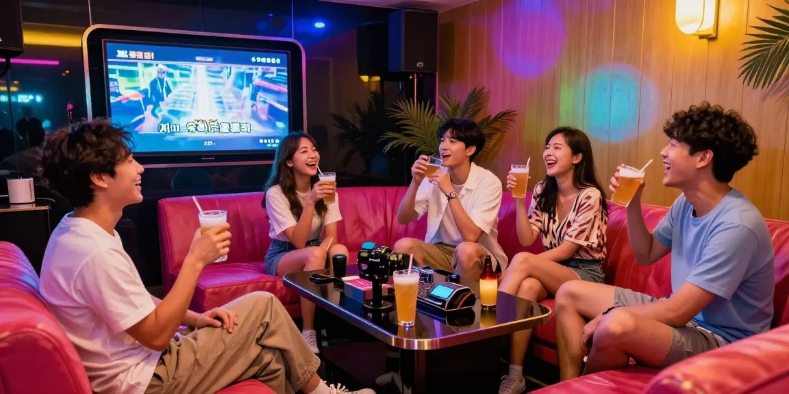Exciting 제주유흥 karaoke lounge scene with friends enjoying drinks and music in Jeju Island.