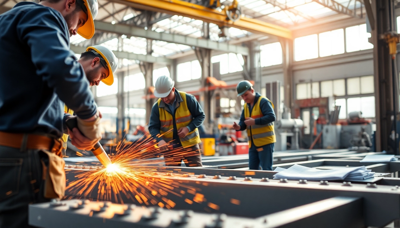 Workers engaged in structural steel fabrication showcasing precision and craftsmanship.