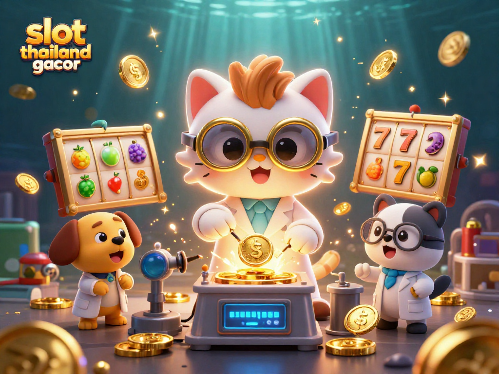 Spin winning slots at slot thailand gacor with a playful 3D cartoon scene showcasing a cat scientist and dog assistant.